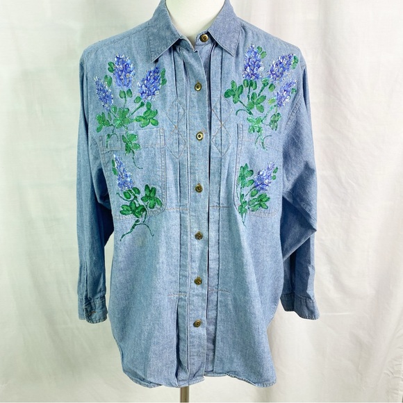 Vintage Tops - Vintage Bluebonnet Handpainted Denim Long Sleeve Button Up Shirt Med